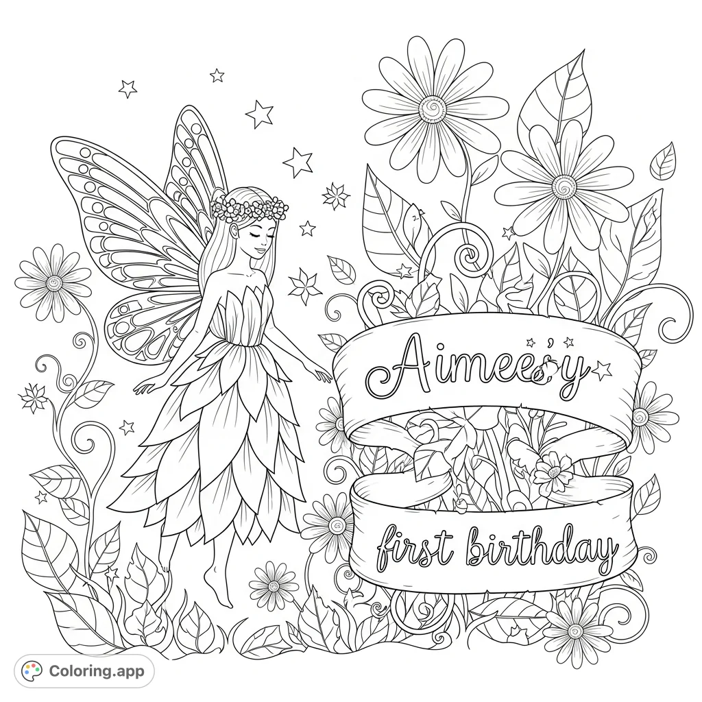 Discover a graceful fairy with intricate wings in an enchanted garden, featuring whimsical flowers, winding vines, and a special "Aimee's fairy first birthday" banner. Perfect for creative expression!