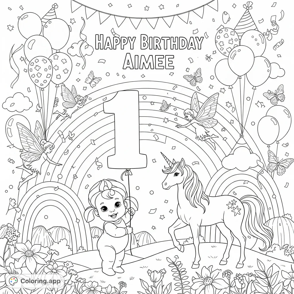 Celebrate a special first birthday with baby Iris, a majestic unicorn, and fairies amidst balloons, flowers, and rainbows. Features 'Happy Birthday Aimee' text.
