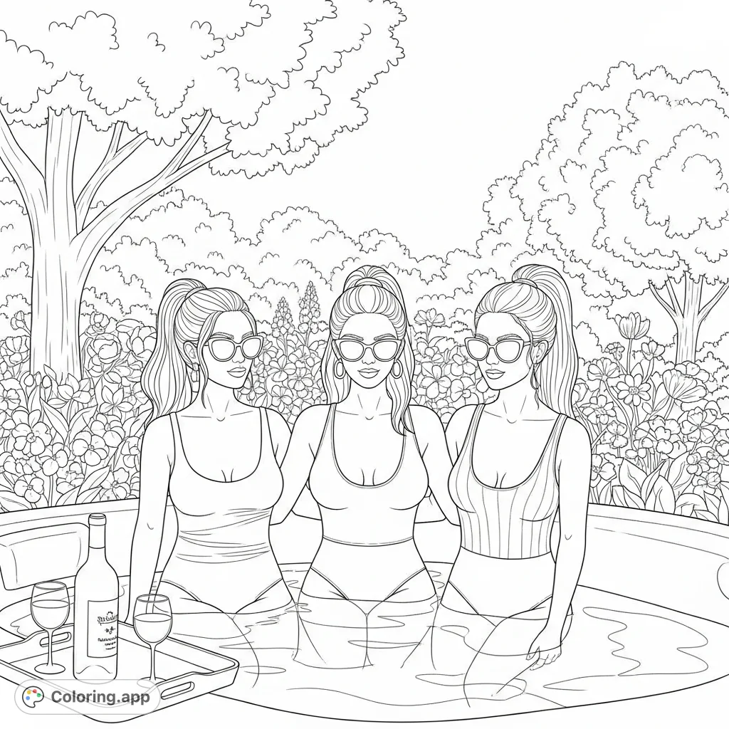 A detailed coloring page depicting women relaxing on a hot tub's edge in bikinis, with sunglasses and ponytails, alongside wine and a scenic garden.