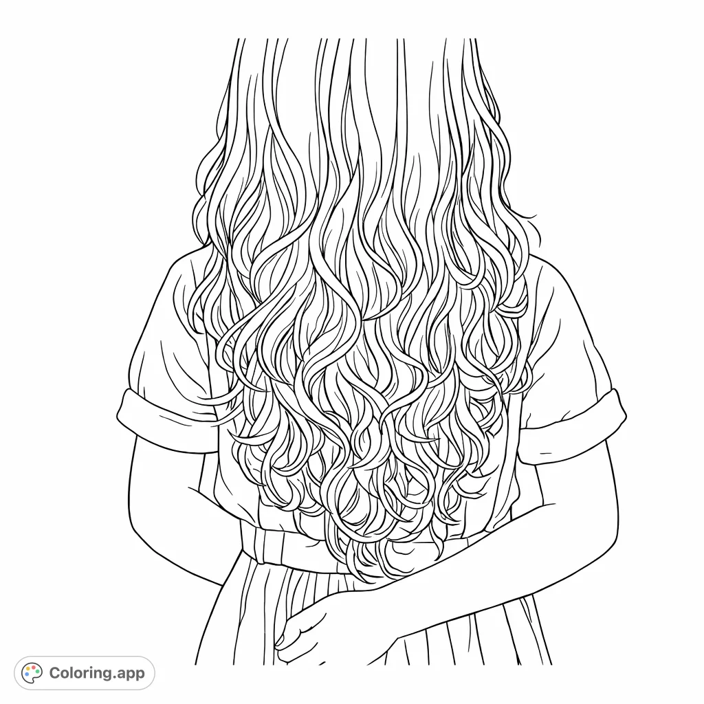 A unique perspective of a person with long, wavy hair cascading down, wearing a collared shirt and suspenders. A detailed design perfect for artistic expression.
