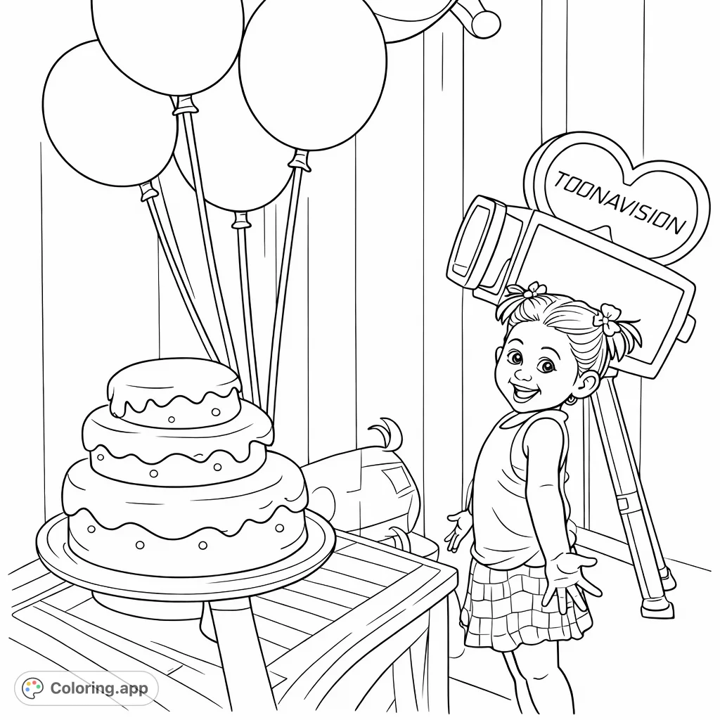A cheerful child celebrates with a tiered cake, vibrant balloons, and a vintage 'TOONAVISION' camera prop, perfect for a fun coloring adventure.