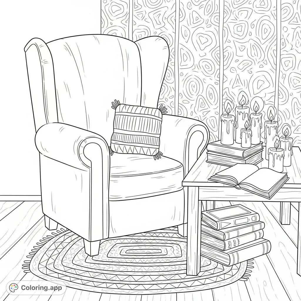Discover a charming witchy nook coloring page, perfect for relaxation. Features a comfy chair, stacked spellbooks, and glowing candles in a serene setting.