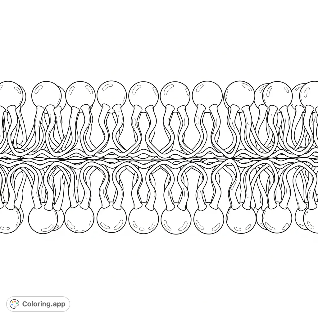 Dive into cellular biology with this detailed phospholipid bilayer diagram. Perfect for learning about cell membranes, featuring distinct heads and wavy tails.