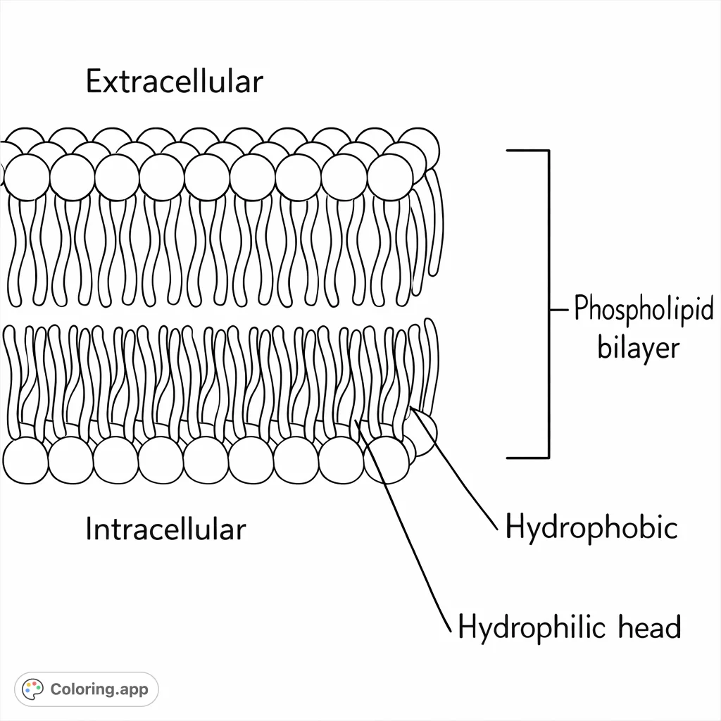Explore cell biology with this phospholipid bilayer coloring page, illustrating the fundamental structure of a cell membrane for an engaging educational experience.
