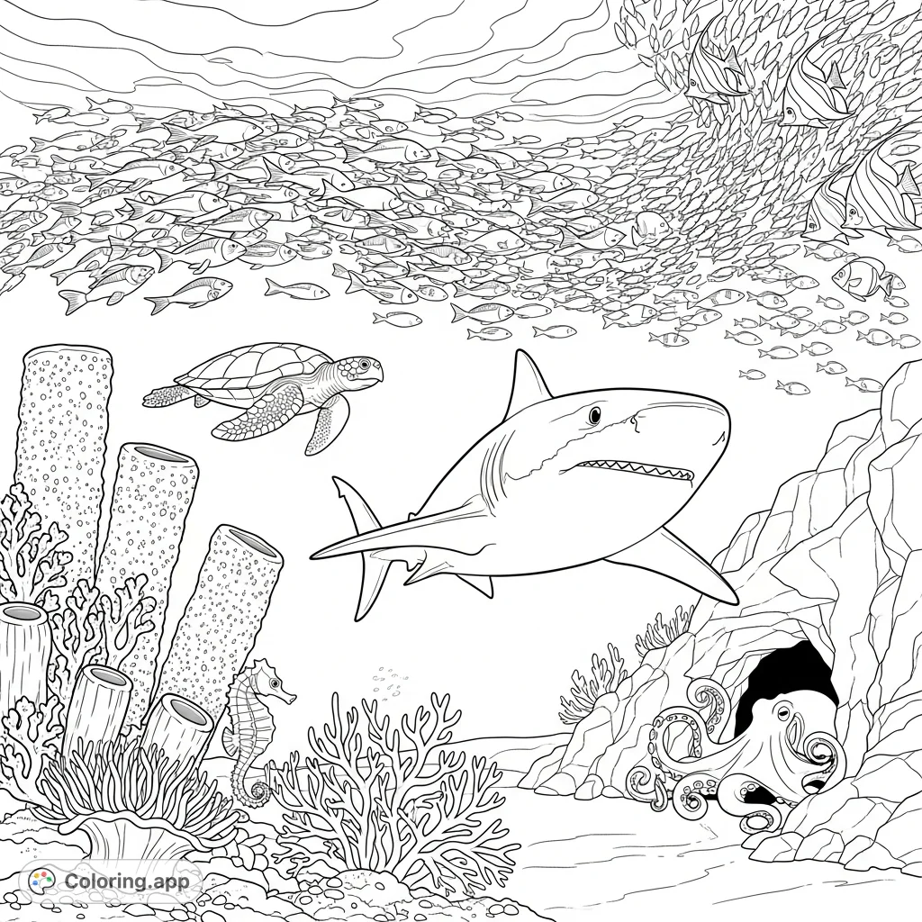 Explore a vibrant underwater world featuring a majestic shark, a swirling school of fish, a tranquil sea turtle, intricate corals, and a hidden octopus.