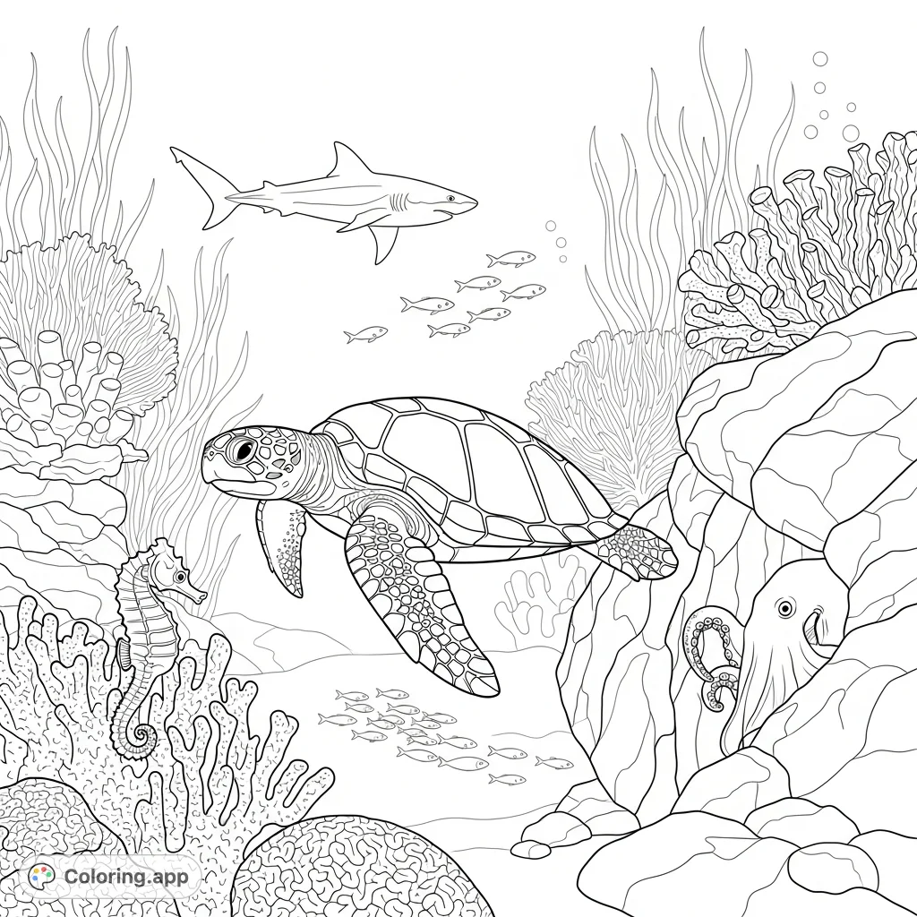 A majestic sea turtle navigates a detailed coral reef teeming with marine life: a seahorse, darting fish, a peeking octopus, and a serene shark.
