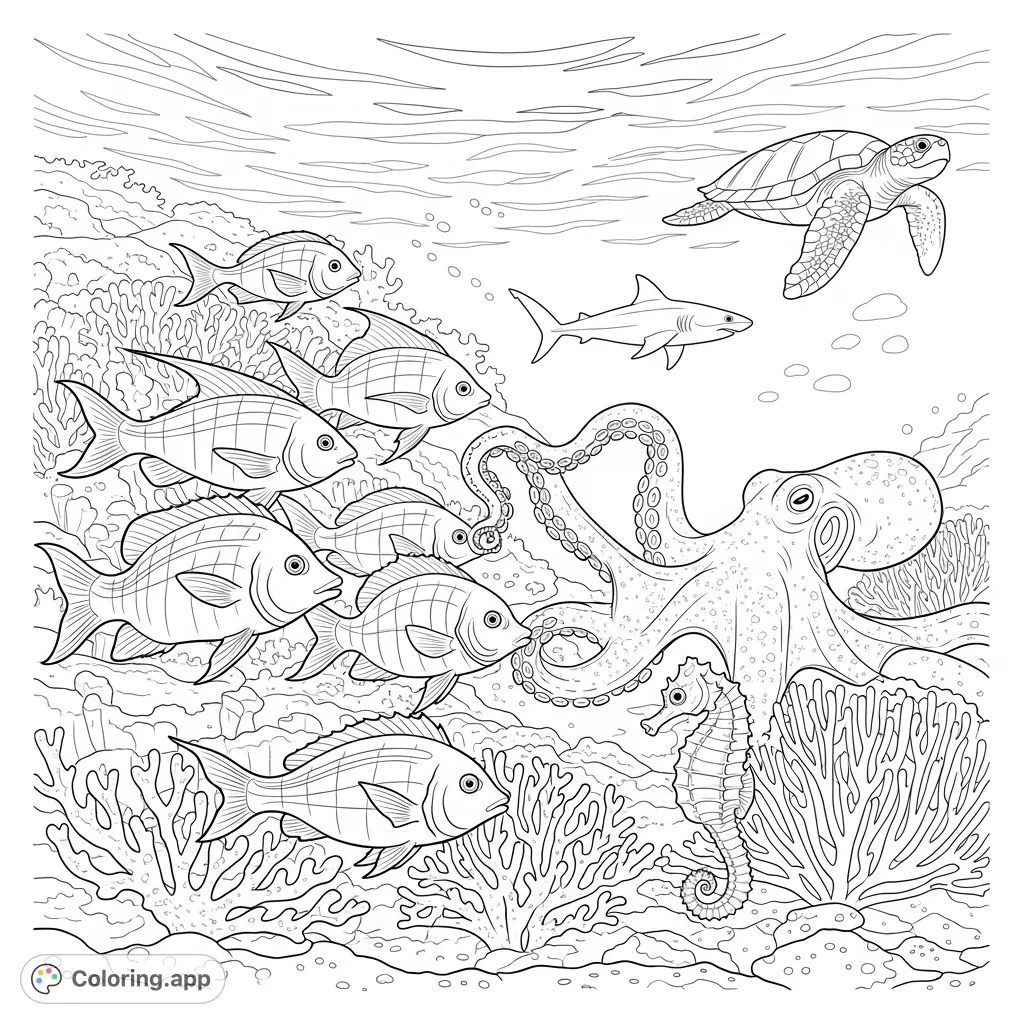 Discover a vibrant underwater world with playful fish, a majestic octopus, a patient seahorse, a friendly shark, and a serene sea turtle amidst intricate coral.