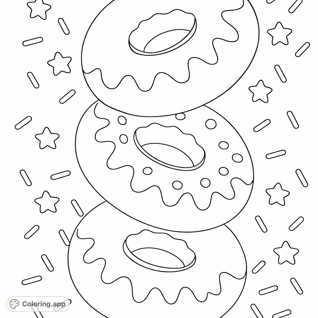 Three delightful stacked pastries with wavy toppings and scattered sprinkles and stars. A fun and sweet design perfect for imaginative coloring.