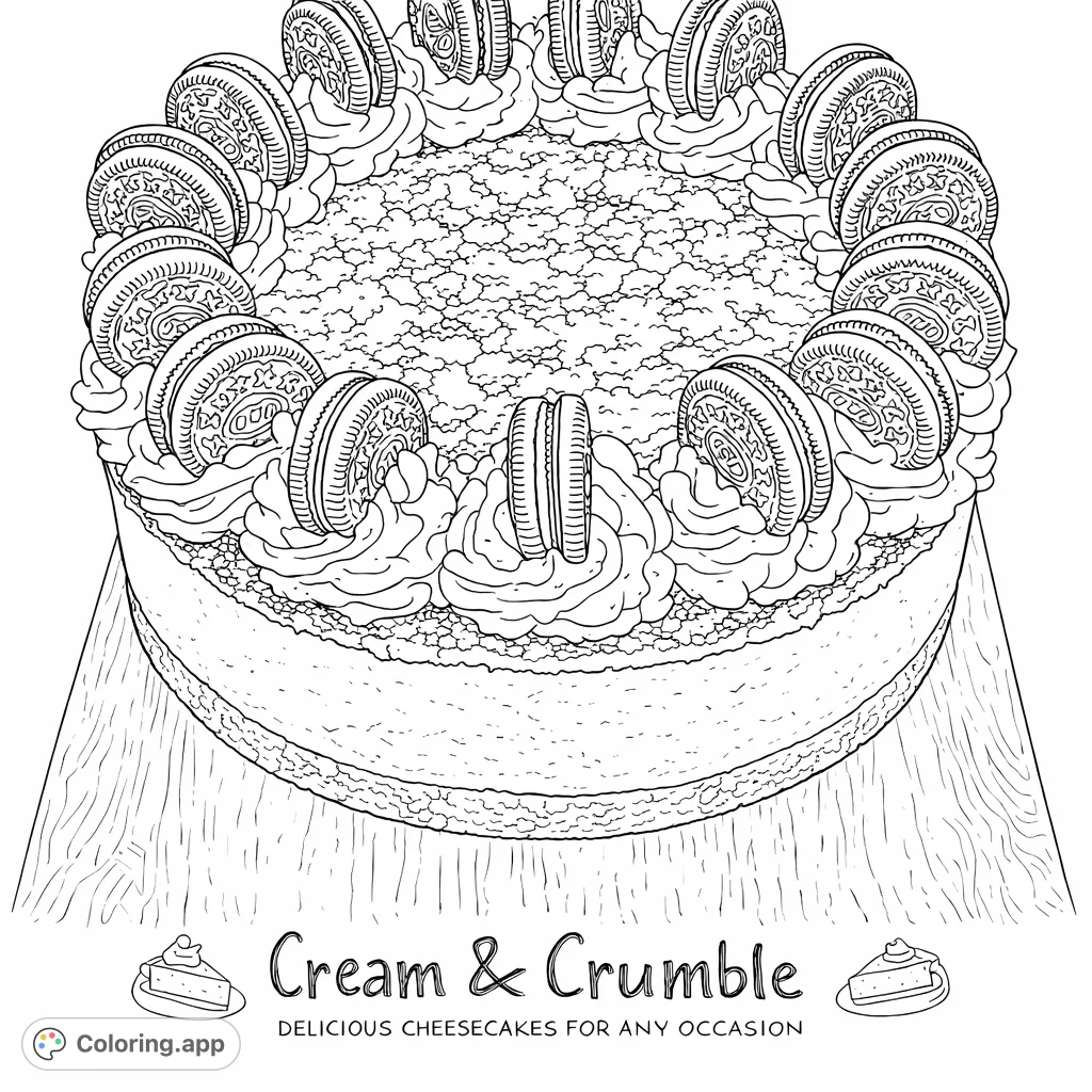 A visually rich cookie cheesecake on a wooden board, featuring a crumbly top, piped cream swirls, and whole sandwich cookies for intricate coloring.