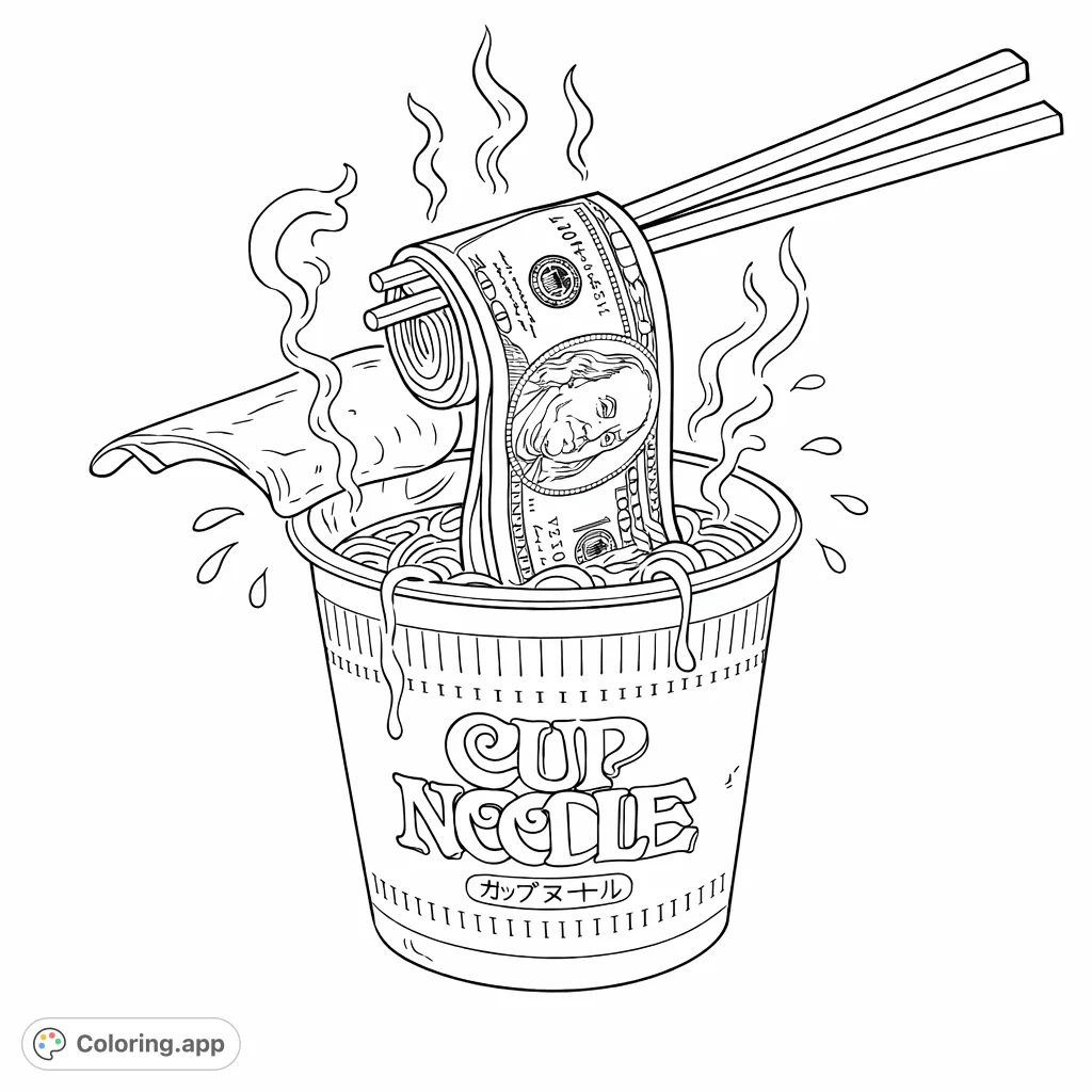 Color this unique image of a steaming cup of instant noodles overflowing with rolled currency bills held by chopsticks, featuring intricate details.
