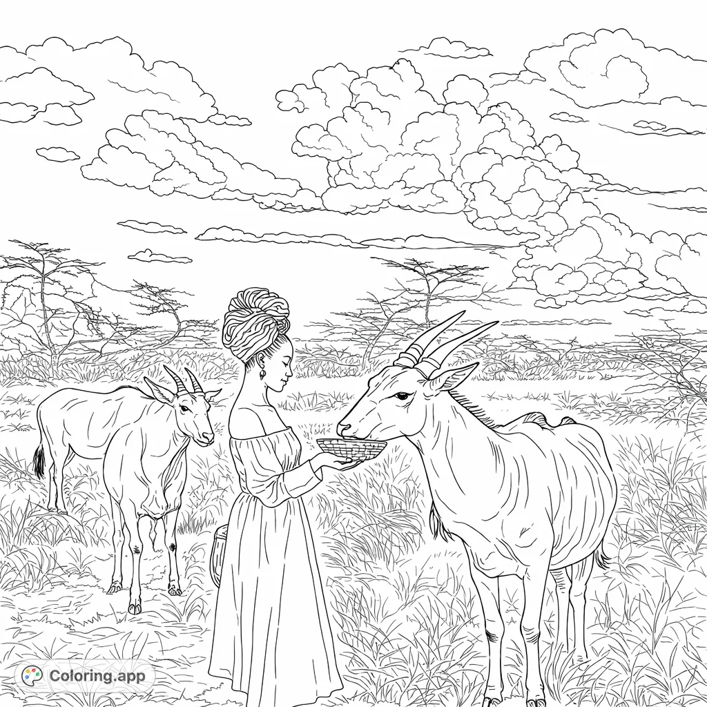 An inspiring safari encounter coloring page featuring a woman gently offering a basket to a majestic eland in a grassy savanna.