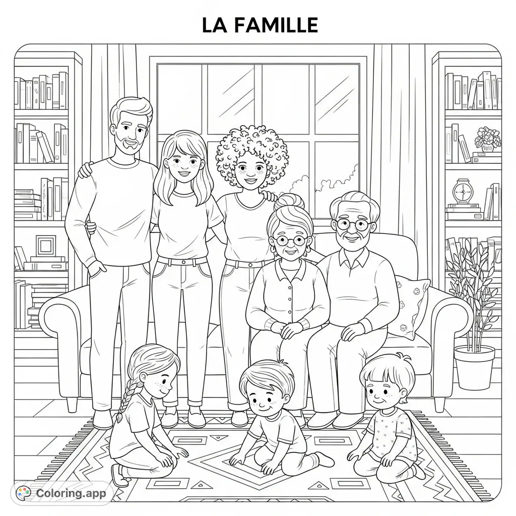 A delightful La Famille coloring page featuring a diverse multi-generational family, perfect for Grade 1 French vocabulary and creative learning.