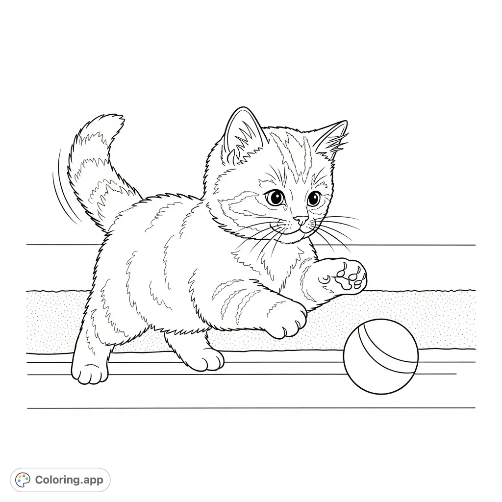 A charming kitten playfully pounces on a round ball. This free printable kitten coloring page brings a heartwarming scene to life for all ages.