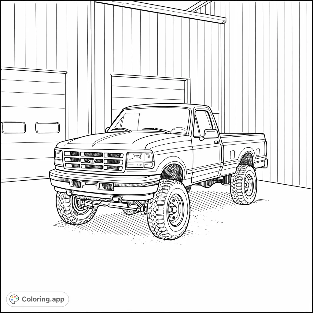 Rev up your creativity with this classic lifted pickup truck coloring page. Detailed design for all ages to enjoy bringing to life.