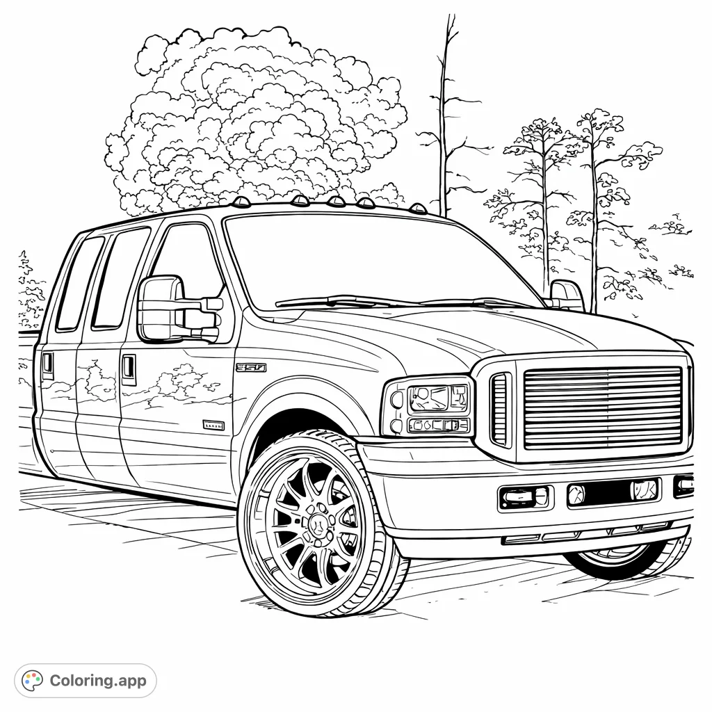 Color a powerful pickup truck with custom wheels and a billowing exhaust cloud. This heavy-duty truck coloring page features intricate details and a dynamic scene.