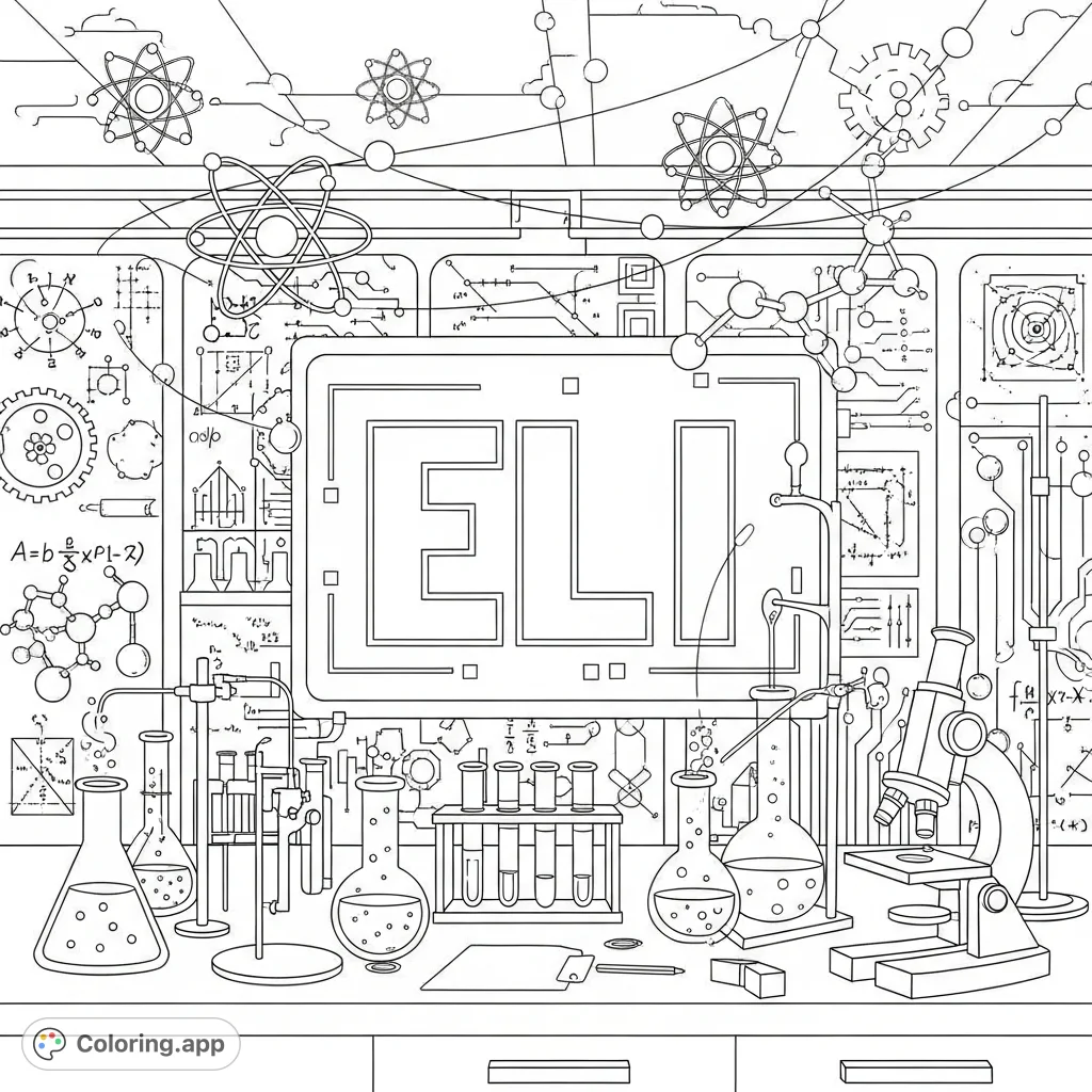 Explore ELI's amazing science lab! A detailed scientific coloring page filled with beakers, atoms, and a prominent "ELI" for budding scientists.
