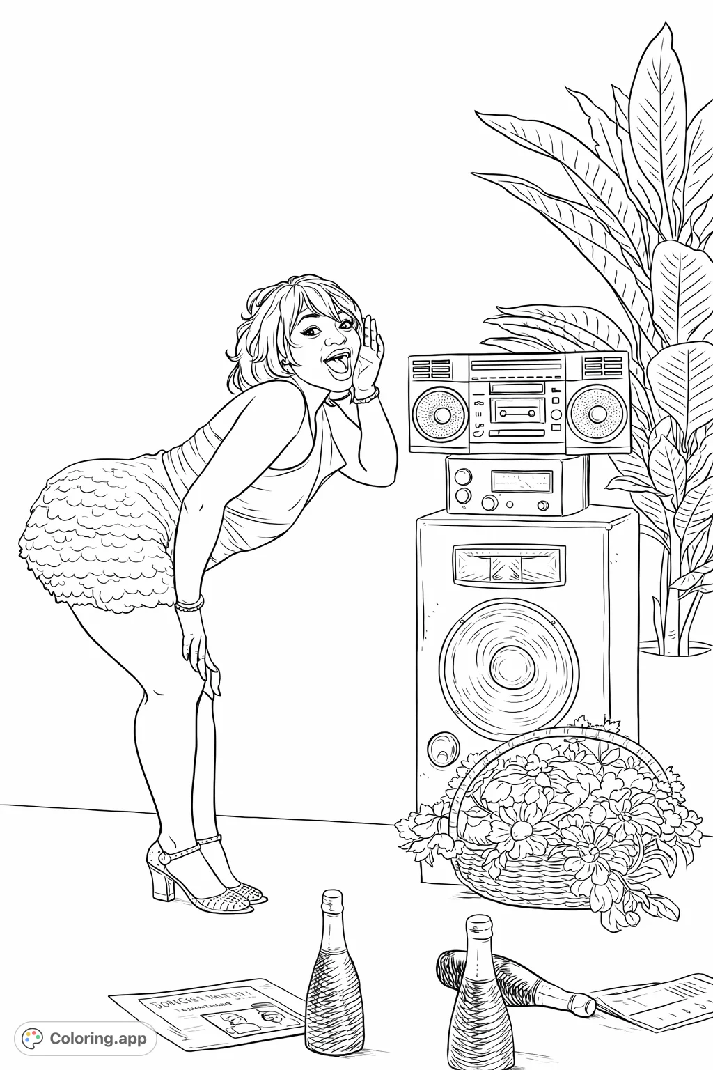 Capture the vibrant energy of a retro party scene featuring a person enthusiastically listening to a boombox, surrounded by vintage details.