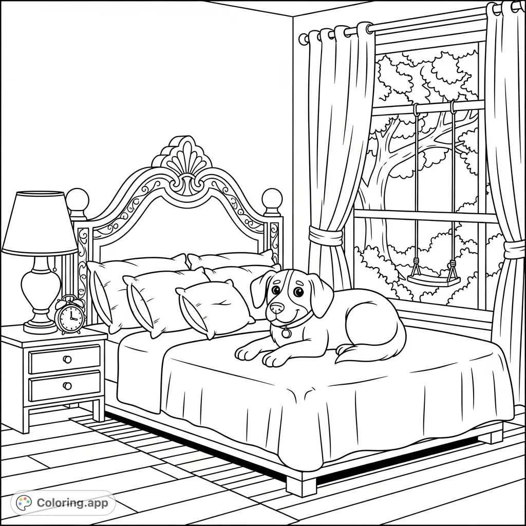 A charming dog relaxes on a cozy bed in a peaceful bedroom, complete with a nightstand, lamp, and a window revealing a tree with a child's swing outside.