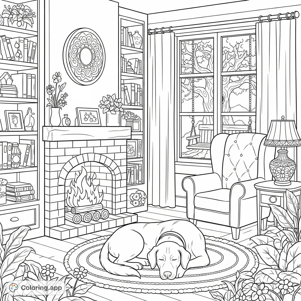 A heartwarming scene featuring a peaceful dog curled by a crackling fireplace, surrounded by cozy home comforts and a serene window view.