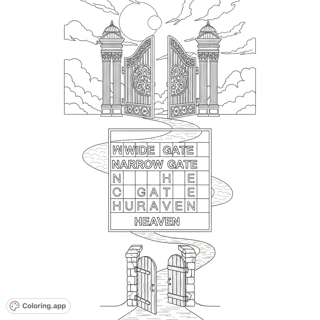A contemplative coloring page featuring a word search puzzle, contrasting a grand wide gate and a humble narrow gate, both leading towards a celestial sky.