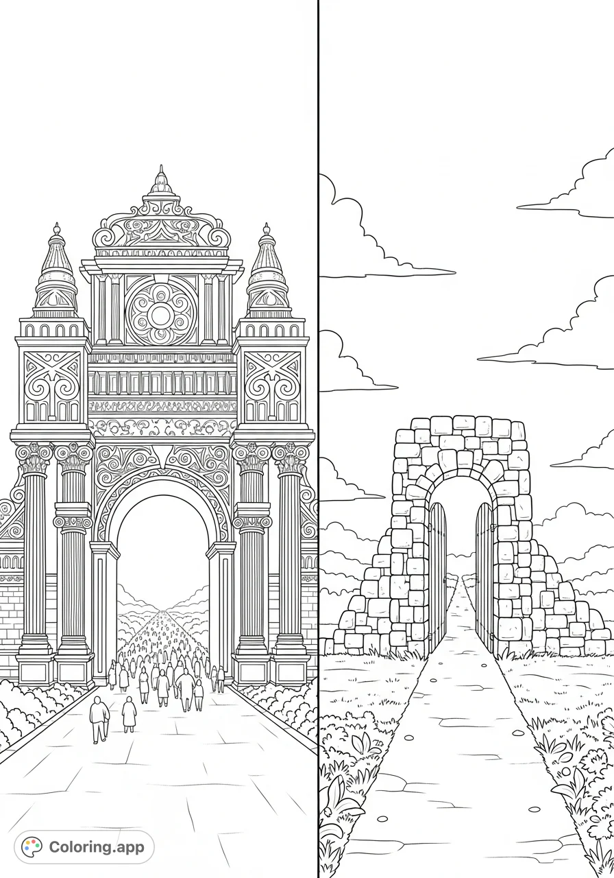 Explore the symbolic journey with this wide and narrow gates coloring page. Depicting two contrasting paths, it offers reflection and creative expression.