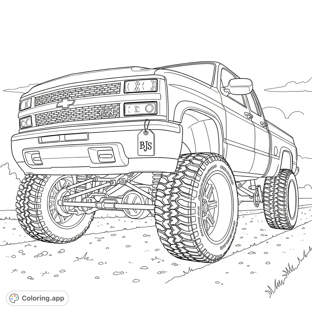 Experience the power of this lifted Chevrolet truck coloring page, featuring distinct cat-eye headlights, large rims, and rugged mud grip tires, ready for adventure.