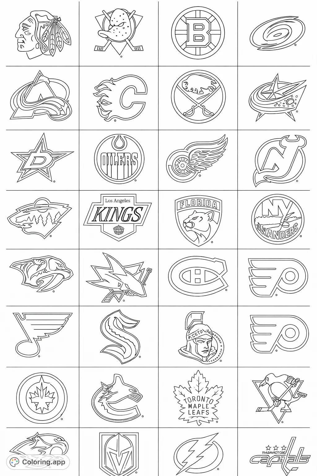 Explore a dynamic grid of iconic hockey team logos. Each distinct emblem offers intricate details and symbolic designs, perfect for fans to color and personalize.