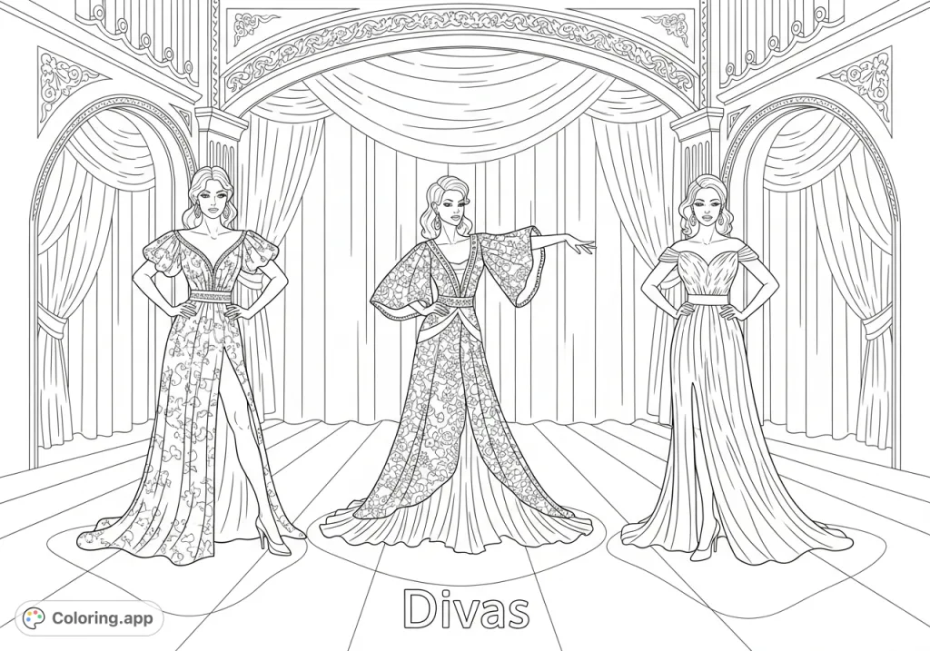 Three glamorous divas in elaborate gowns strike dramatic poses on a magnificent stage, inviting creative expression. A sophisticated design for art lovers.