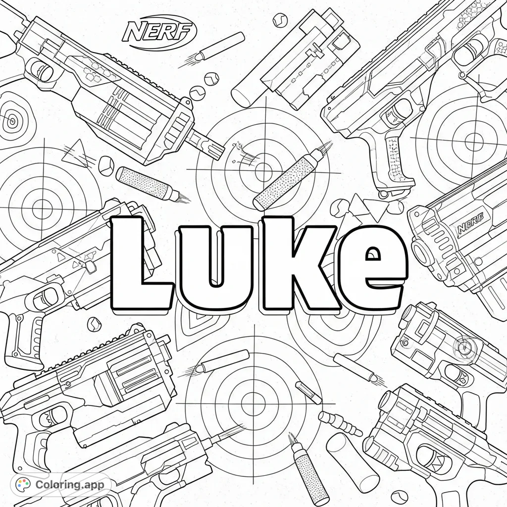 An action-packed Nerf blaster coloring page featuring the name Luke, surrounded by detailed blasters, flying darts, and target practice elements for energetic fun.