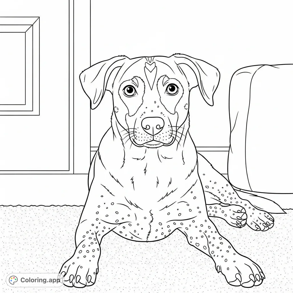 A charming mixed-breed dog rests on a textured floor, its head tilted with expressive eyes and unique facial markings. Perfect for pet lovers!