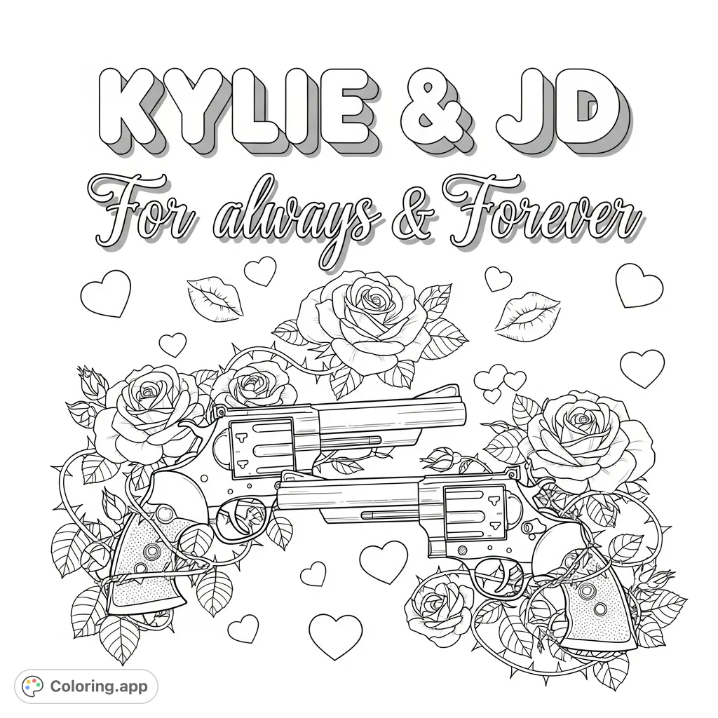 Personalized 'Kylie & JD' coloring page featuring detailed revolvers entwined with roses, hearts, and romantic script. A unique blend of romance and edgy design.