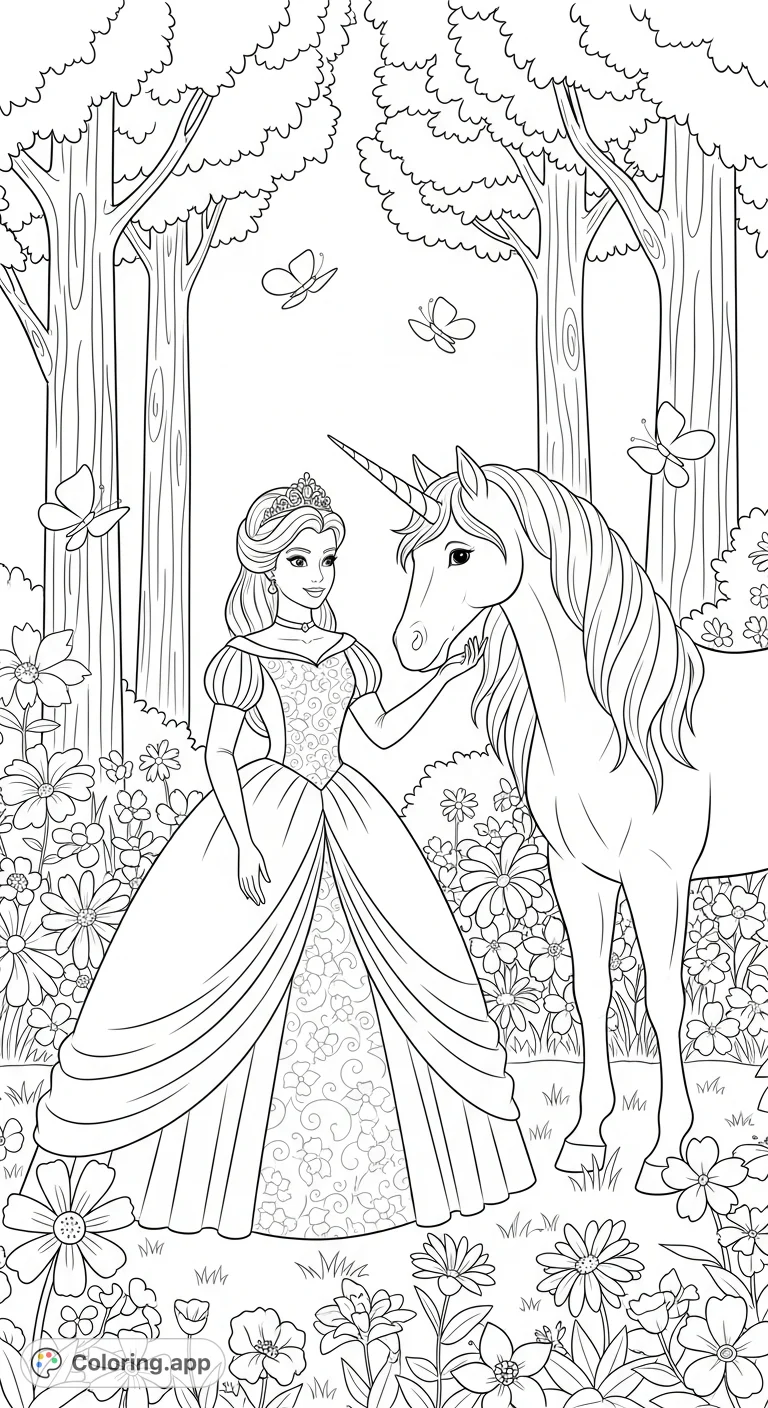 Discover a enchanting princess coloring page featuring graceful Princess Adeline and her majestic unicorn in a serene garden filled with flowers and butterflies.