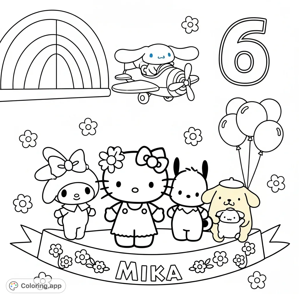 A delightful Sanrio characters gathering, featuring Hello Kitty, My Melody, Pochacco, Pompompurin, and Cinnamoroll, with balloons, flowers, and a 'Nyla' banner.