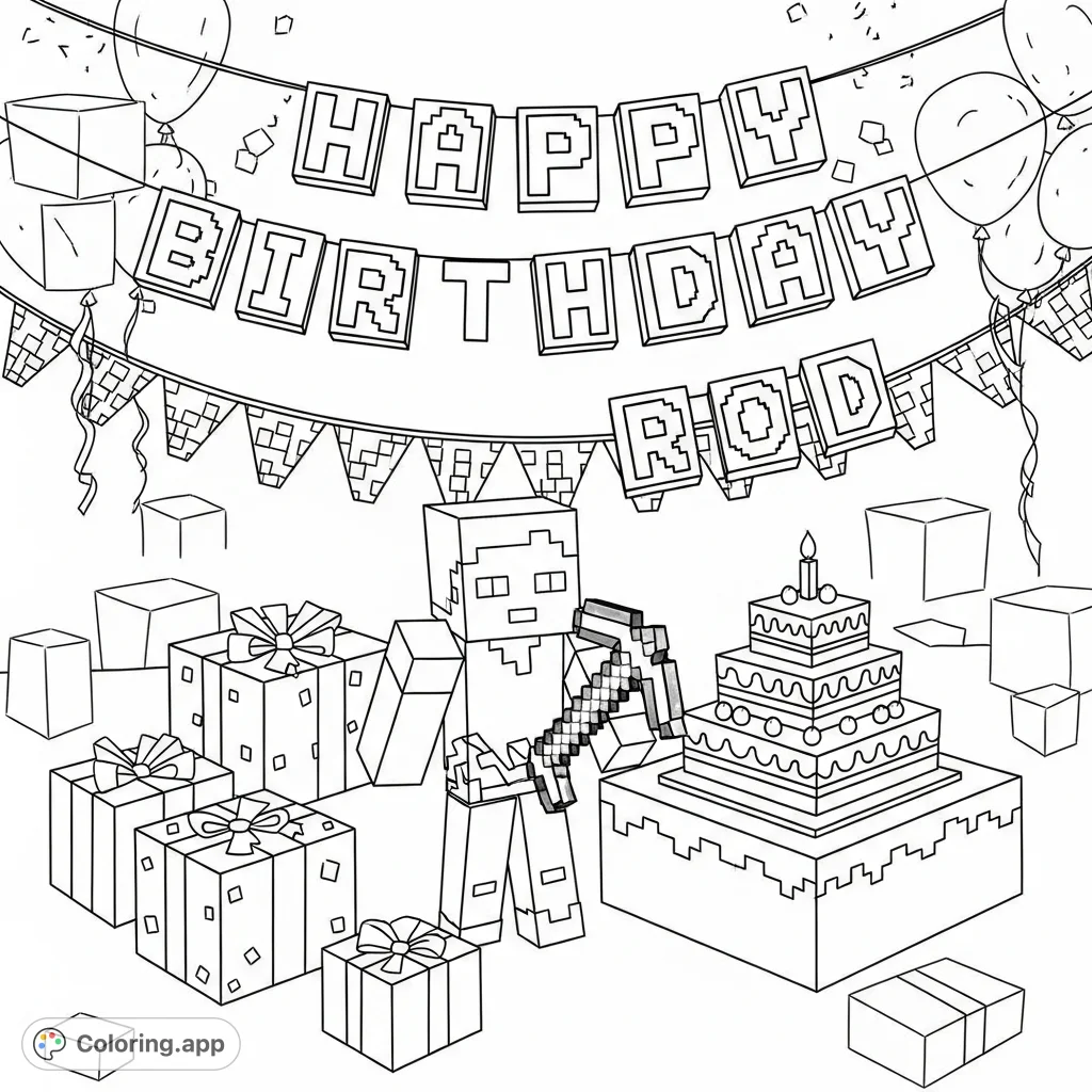 Celebrate Rod's special day with this fun Minecraft-themed coloring page! Features Rod, presents, cake, and a banner for a blocky birthday bash.
