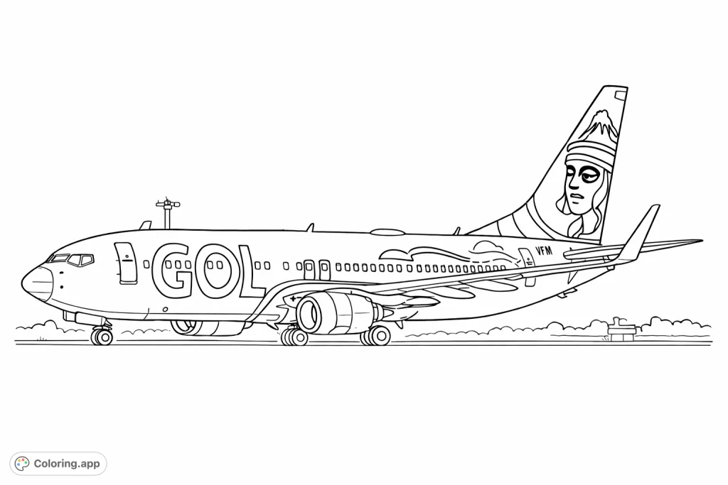 Color a detailed commercial airplane featuring a unique tail design and prominent fuselage branding on a runway. Perfect for aviation enthusiasts.