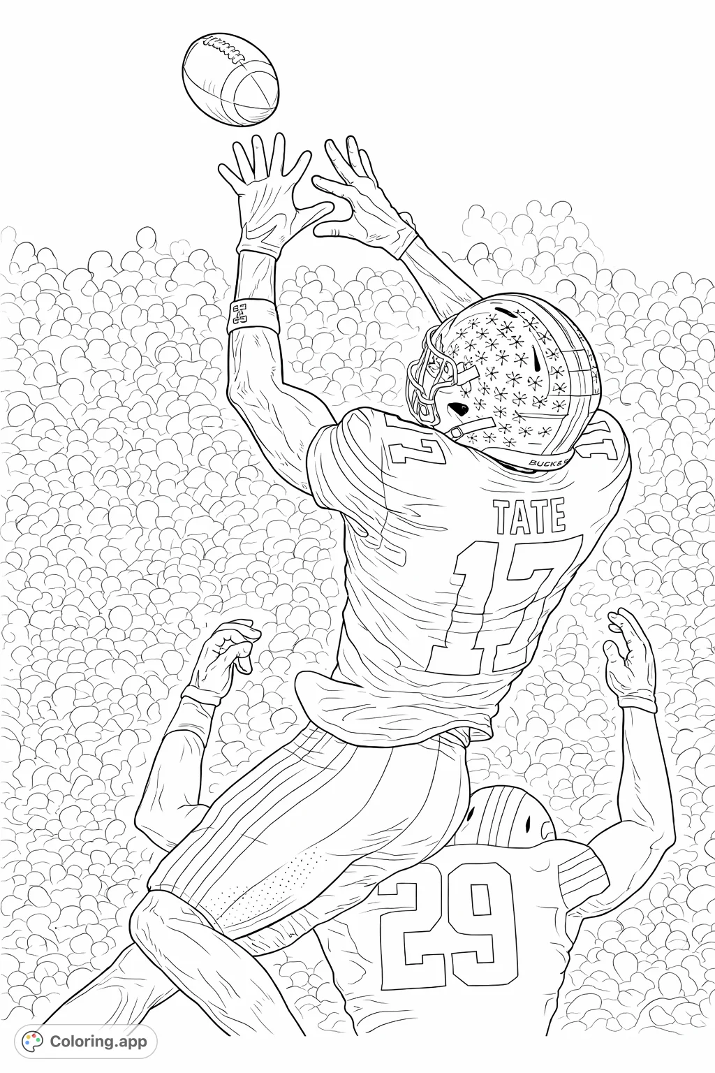 Capture the thrill of a football player making an amazing mid-air catch in this detailed coloring page, perfect for sports enthusiasts.