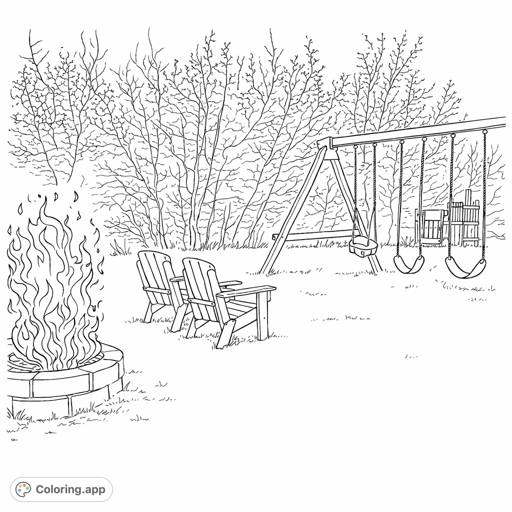 A serene backyard scene featuring a crackling campfire in a stone pit, cozy Adirondack chairs, and a classic swing set, perfect for a relaxing evening.