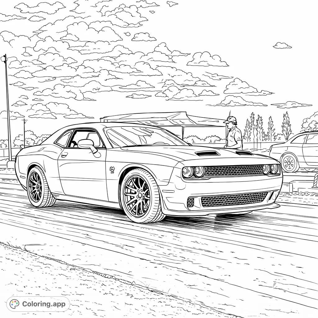 Unleash your creativity with this powerful track coupe coloring page. Perfect for car enthusiasts to detail every curve and reflection.