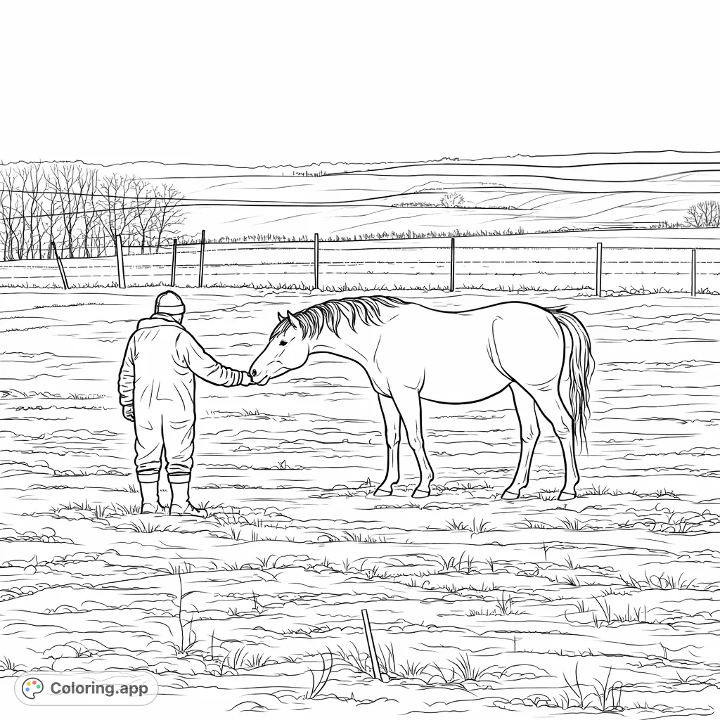 A serene winter scene featuring a person gently interacting with a horse in a snow-dusted field, inviting a tranquil coloring experience.