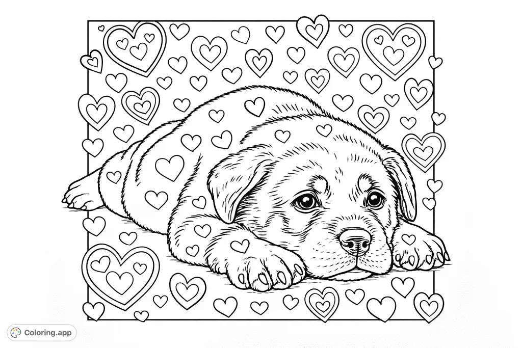 Discover this charming puppy coloring page, perfect for all ages! Featuring an adorable puppy with playful heart patterns, great for relaxation.