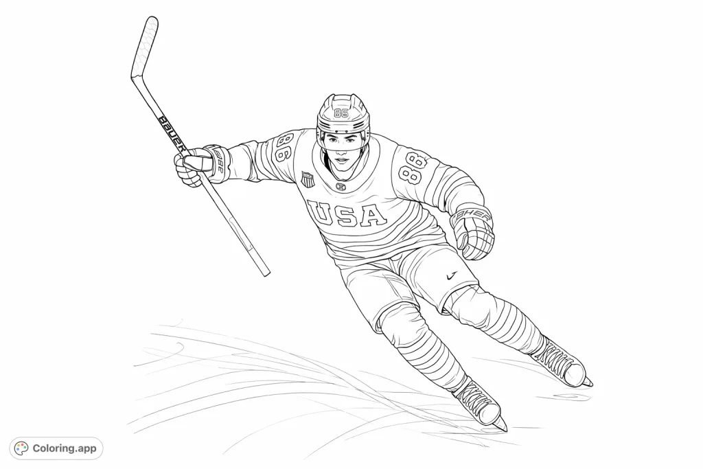 A dynamic hockey player in action, swiftly gliding across the ice with stick in hand. Capture the speed and energy of the game with your vibrant colors.