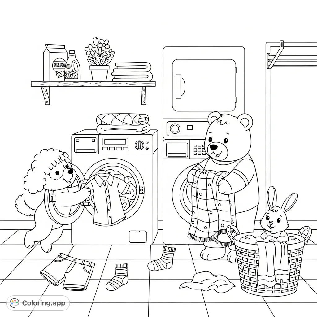 A fluffy dog leaps to stuff laundry, a bear waits patiently, and a rabbit watches the chaotic laundry room scene, perfect for a fun coloring page.