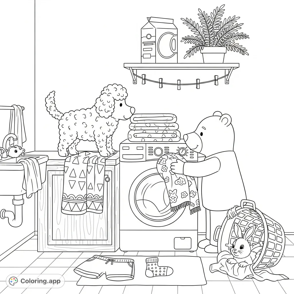 A charming laundry room scene featuring a fluffy dog on towels, a bear folding laundry, and a curious rabbit. Perfect for a detailed coloring adventure!