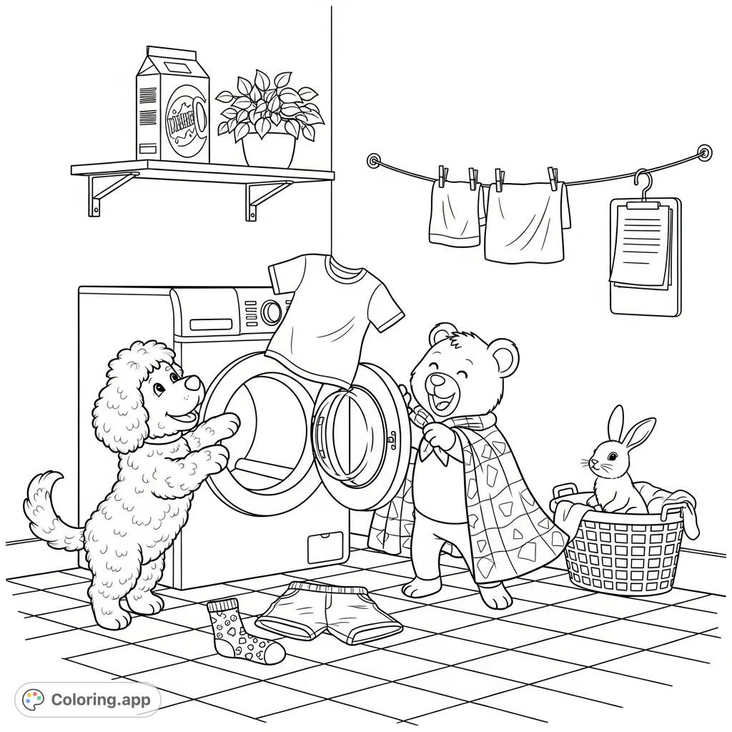 A fluffy dog, a giggling bear, and a rabbit make laundry day an adventure! This whimsical scene features pets, clothes, and a playful mess, perfect for creative coloring.