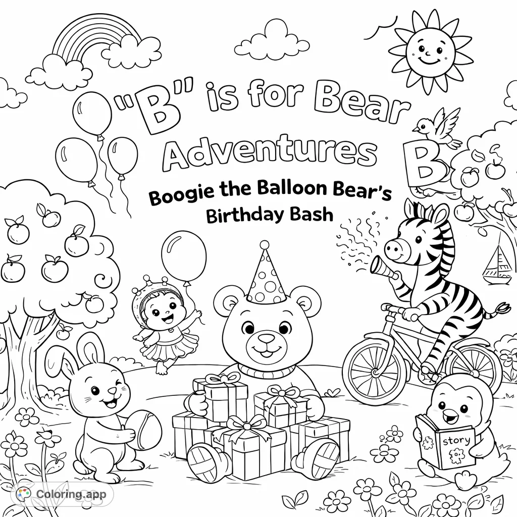 Join a cheerful bear at a whimsical birthday bash with friends! A bunny, bee, zebra, and penguin gather amidst gifts, balloons, and playful outdoor elements for a joyous celebration.