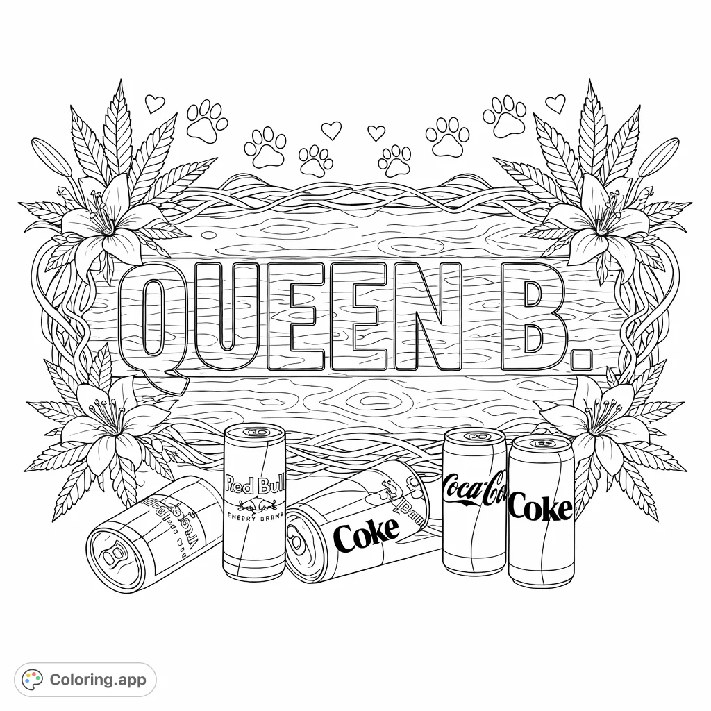 A dynamic coloring page featuring 'QUEEN B' on a wooden sign, adorned with elegant lilies, unique leaves, and various beverage cans for a blend of regal and modern elements.