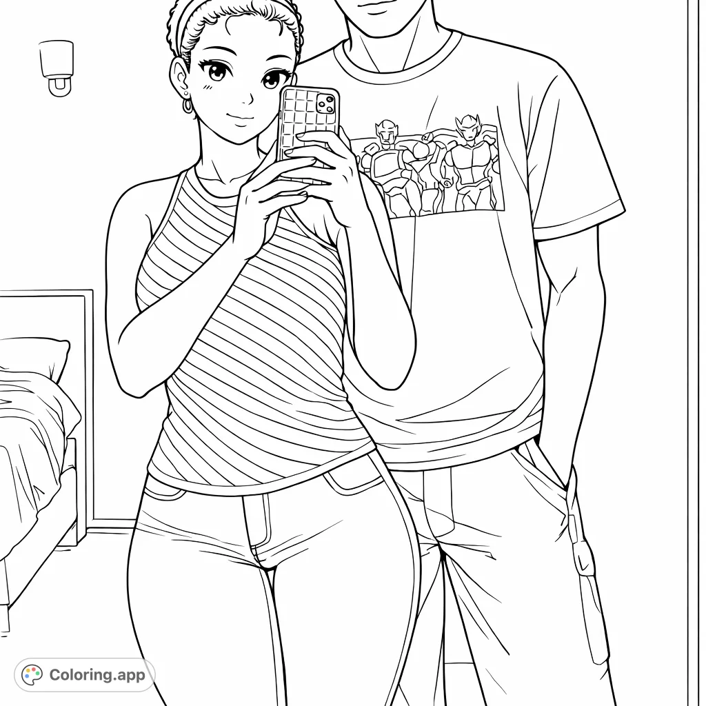 A contemporary scene featuring a woman taking a mirror selfie with a man standing behind her. Perfect for expressing creativity and exploring modern character design.