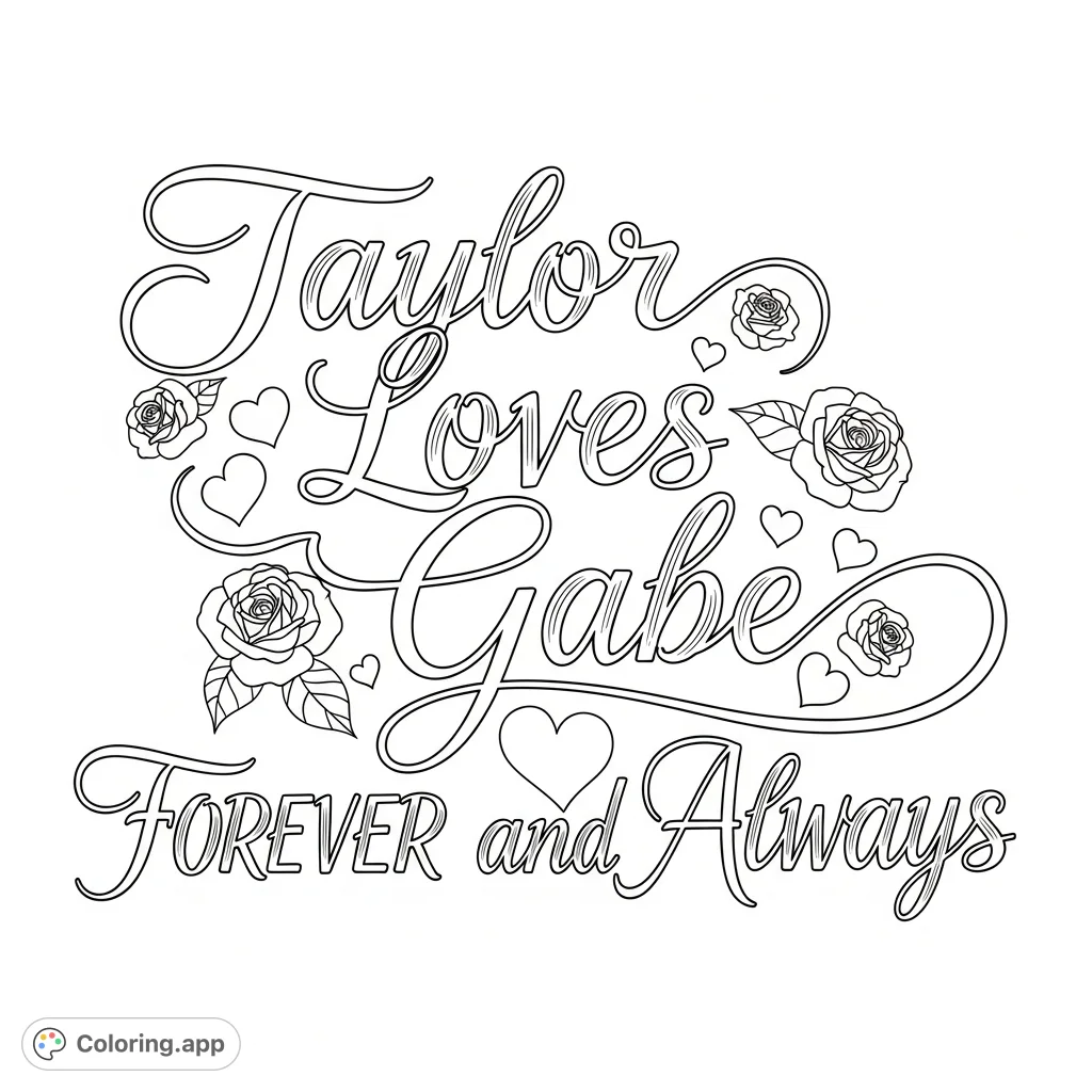 An elegant calligraphy coloring page featuring "Taylor Loves Gabe Forever and Always" with graceful flourishes, hearts, and roses, perfect for expressing affection.