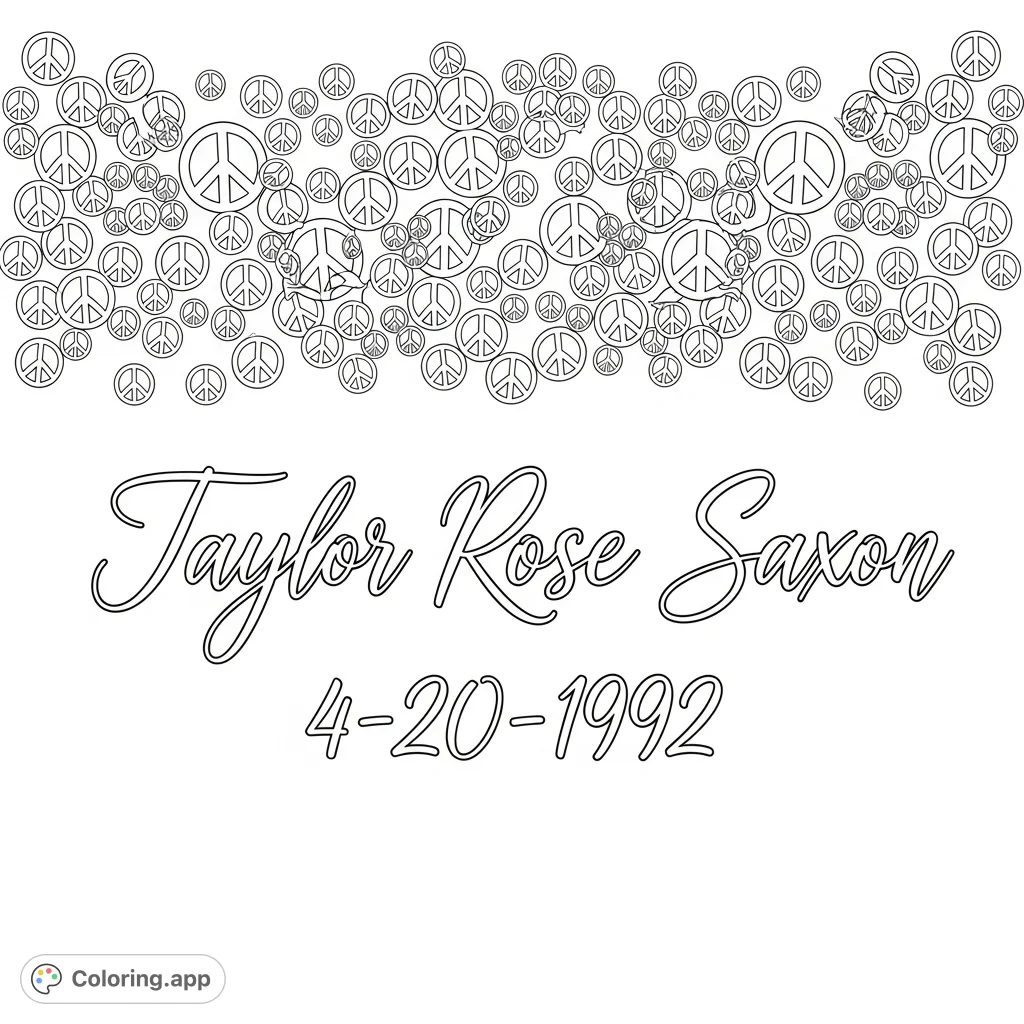 An intricate calligraphy coloring page featuring the name "Taylor Rose Saxon" and date "4-20-1992" surrounded by a dense pattern of small peace signs.