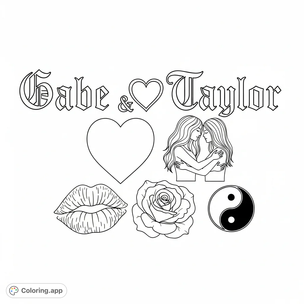 Discover a unique gothic romance coloring page featuring the names 'Gabe' and 'Taylor' in elaborate script, surrounded by symbolic hearts, embracing figures, and a blooming rose.